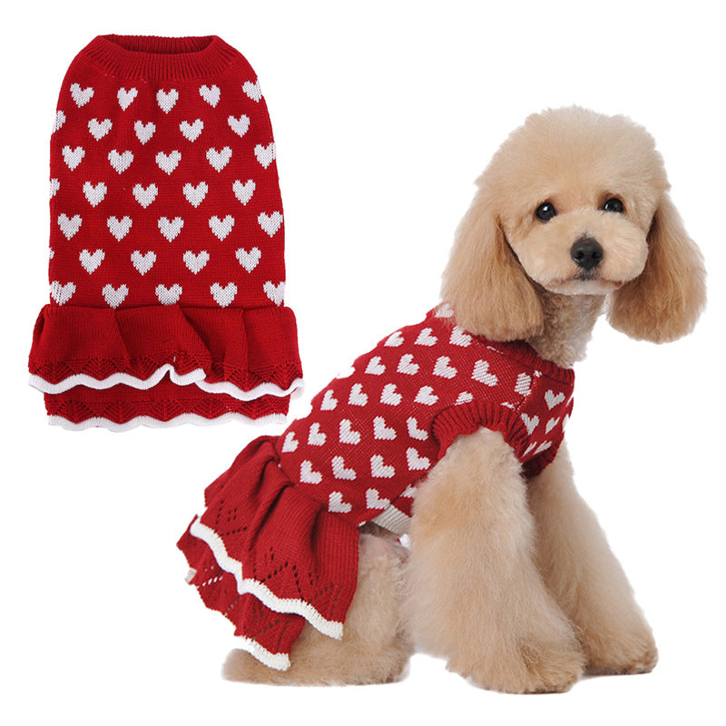 Autumn And Winter Warm Red Love Dog Clothes Sweater Skirt
