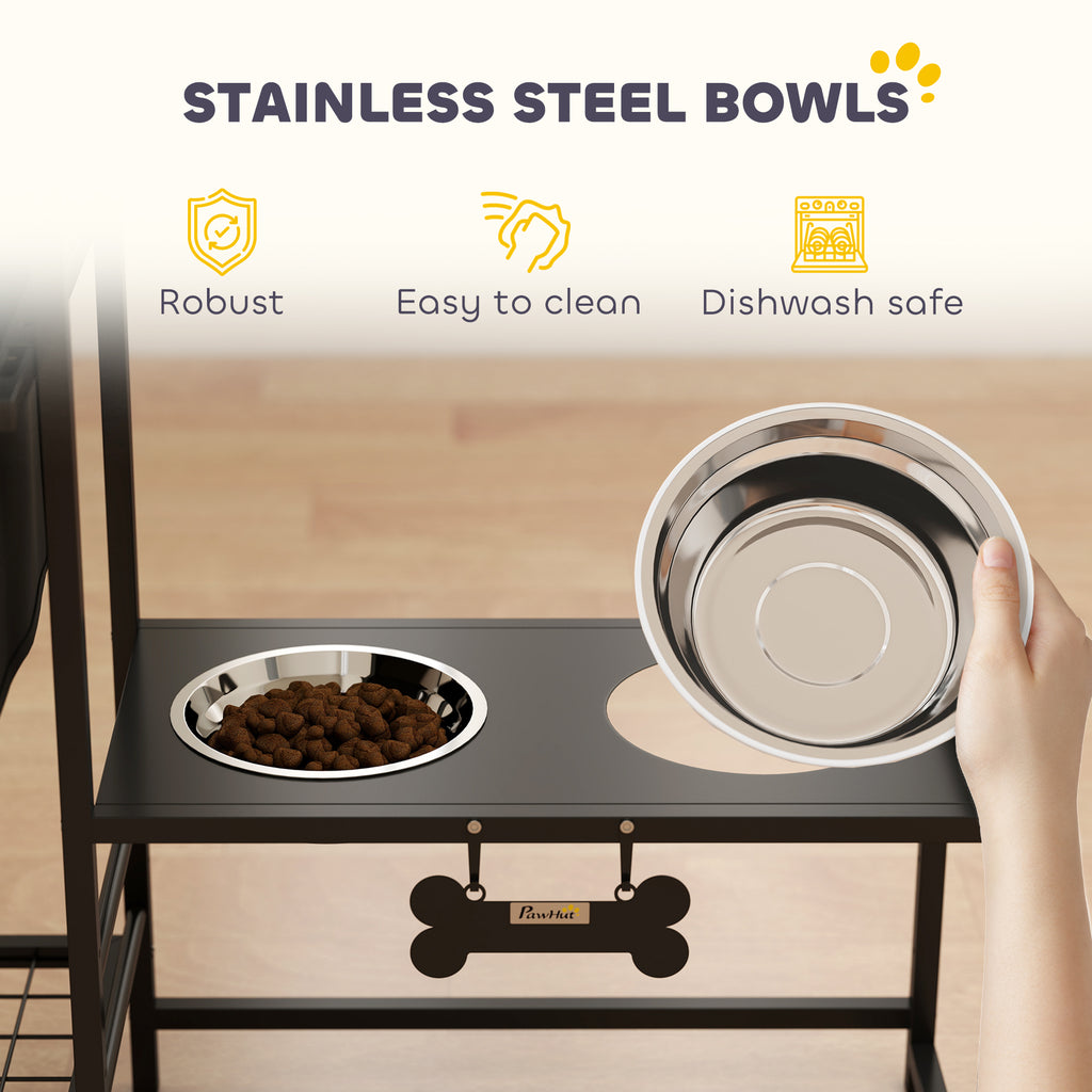 3 Height Adjustable Dog Bowl Stand With 2 Feeding Stations, Toy Bin Basket, Black