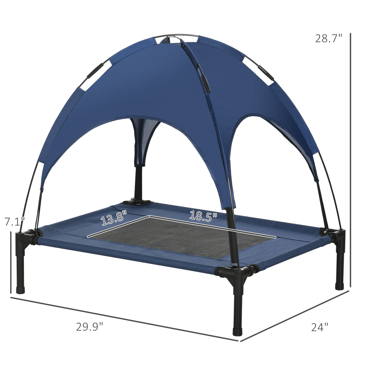 Elevated Portable Dog Cot Pet Bed With Uv Protection Canopy Shade, 30 Inch, Dark Blue