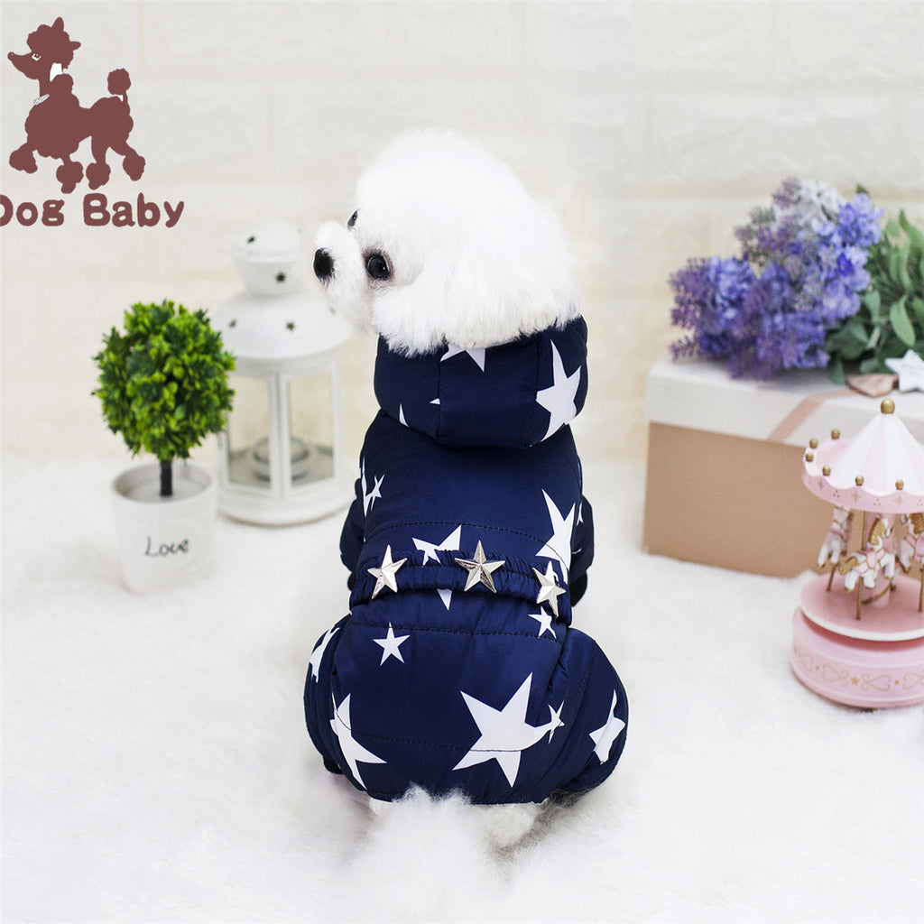 Pet Dog Clothes Poodle Clothing Autumn And Winter Thickened Starry Four-Leg Cotton-Padded Clothes