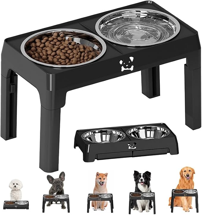 Adjustable Elevated Dog Bowl Stand with Bowls