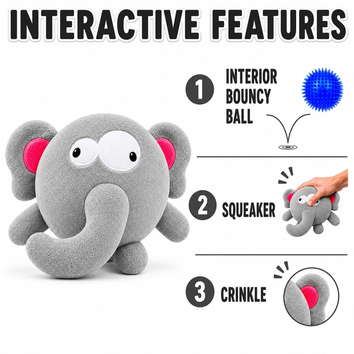 Dog Toy For Aggressive Chewers No Stuffing Crinkle Plush 3-In-1 Elephant , Durable Squeaky Bouncy Chew Ball Cleans Teeth, Power Chewer Puppy