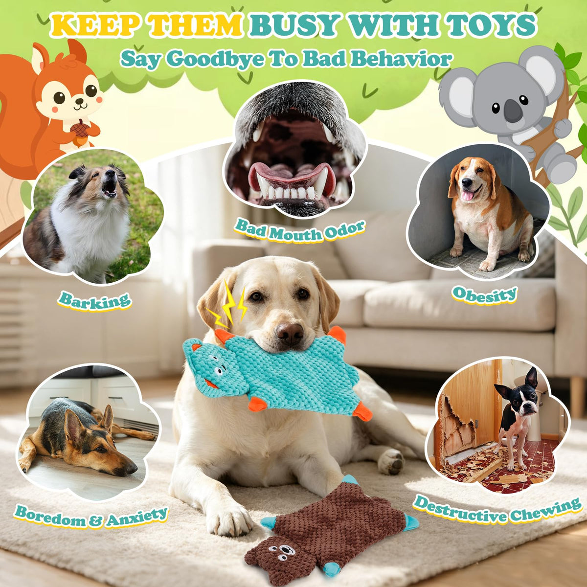 No Stuffing Squeaky Dog Toys For Samll Medium Large Breeds, 3 Pack Durable Plush Puppy Chew Toys For Teething And Boredom, Interactive Dog T