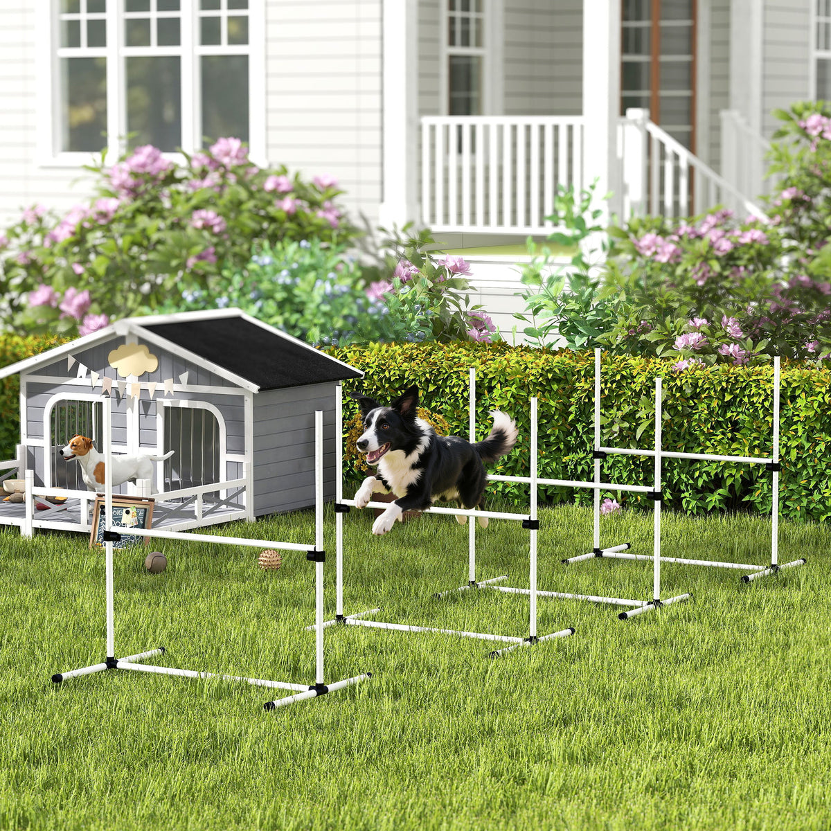 4 Piece Dog Agility Training Equipment For Dog Agility Course With Adjustable Height Jump Bars, Included Carry Bag, & Displacing Top Bar, Wh