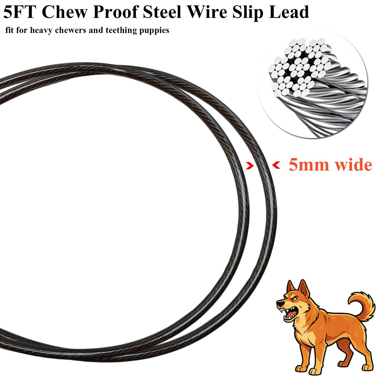 5 Ft Chewproof Steel Wire Dog Slip Lead