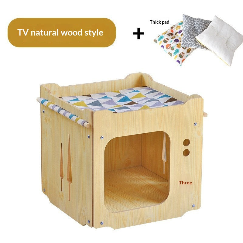 Integrated Wooden Double-Layer Pet Hammock Bed,Thick Cushion With Random Patterns