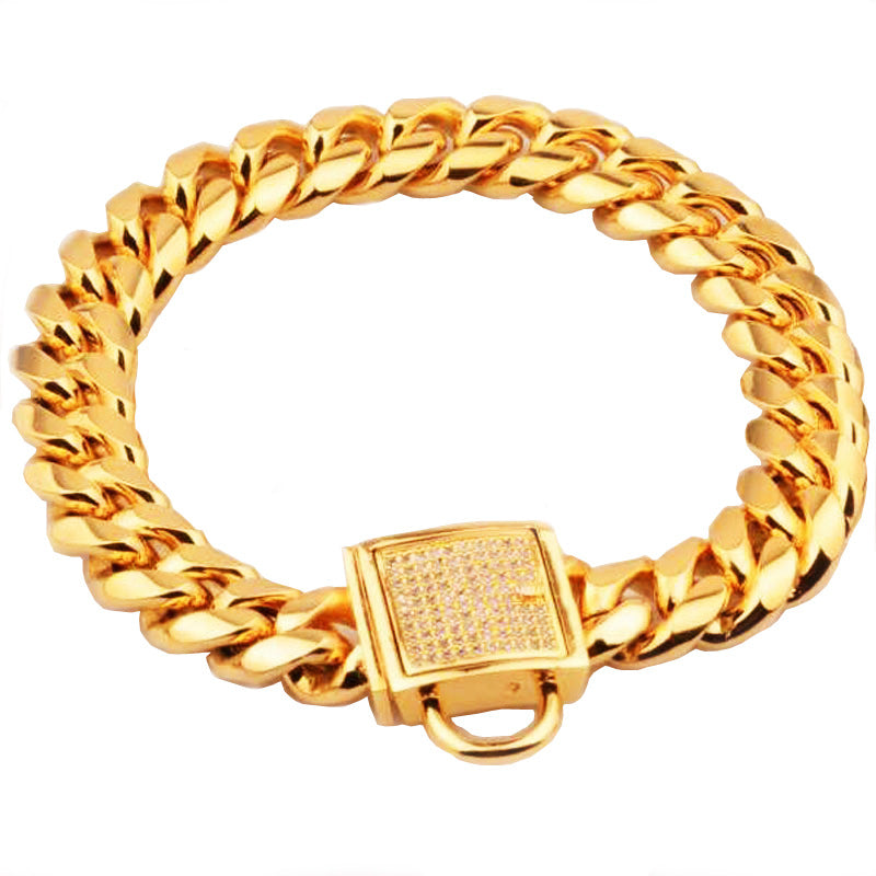Gold Titanium Steel Dog Chain Collar