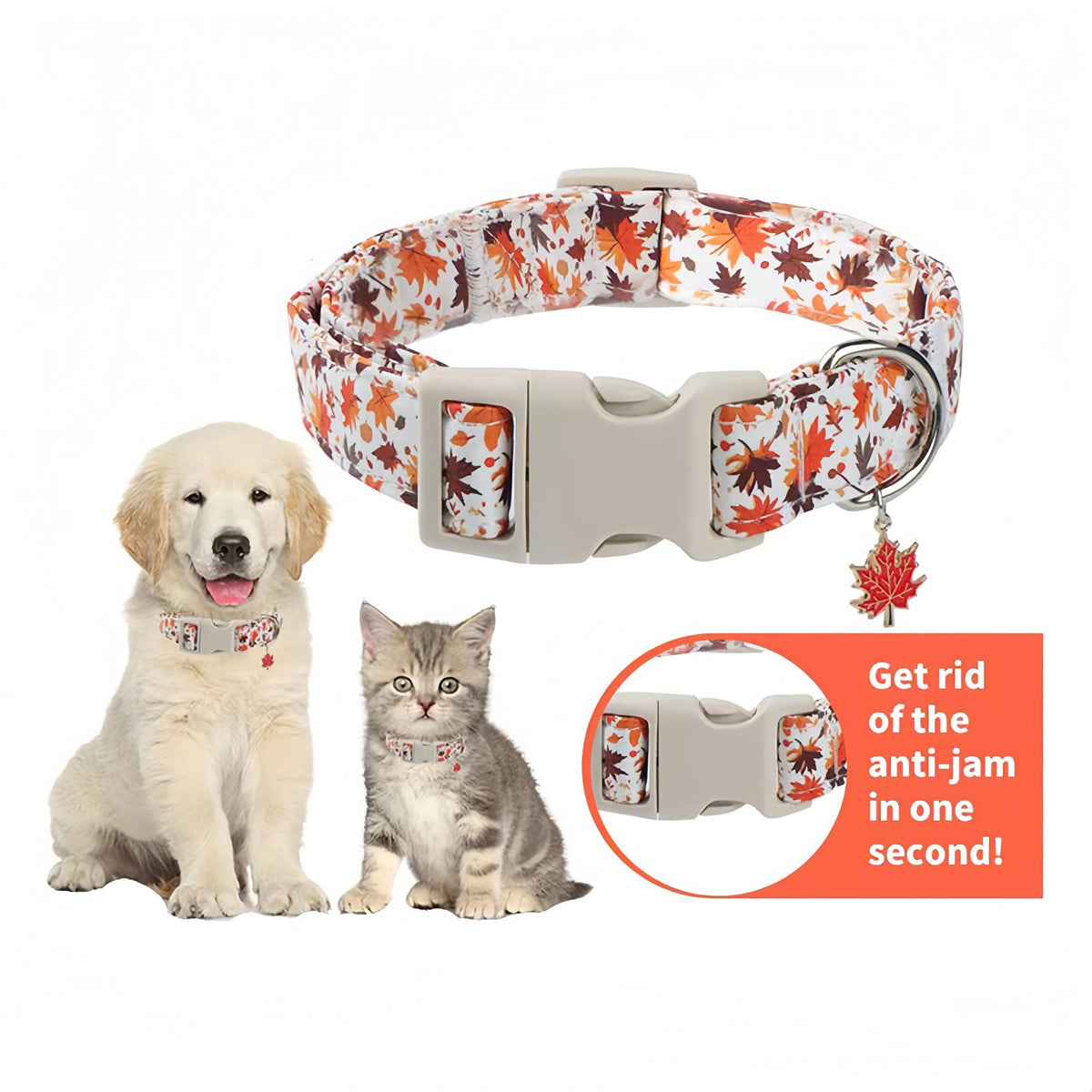 Adjustable Fall Dog Collar With Maple Leaf Charm - Durable Soft Fabric Collar For Small Medium Large Dogs, Perfect For Autumn Walks & Family