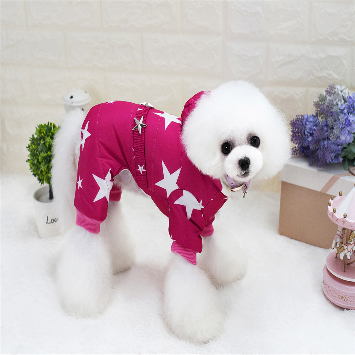 Pet Dog Clothes Poodle Clothing Autumn And Winter Thickened Starry Four-Leg Cotton-Padded Clothes