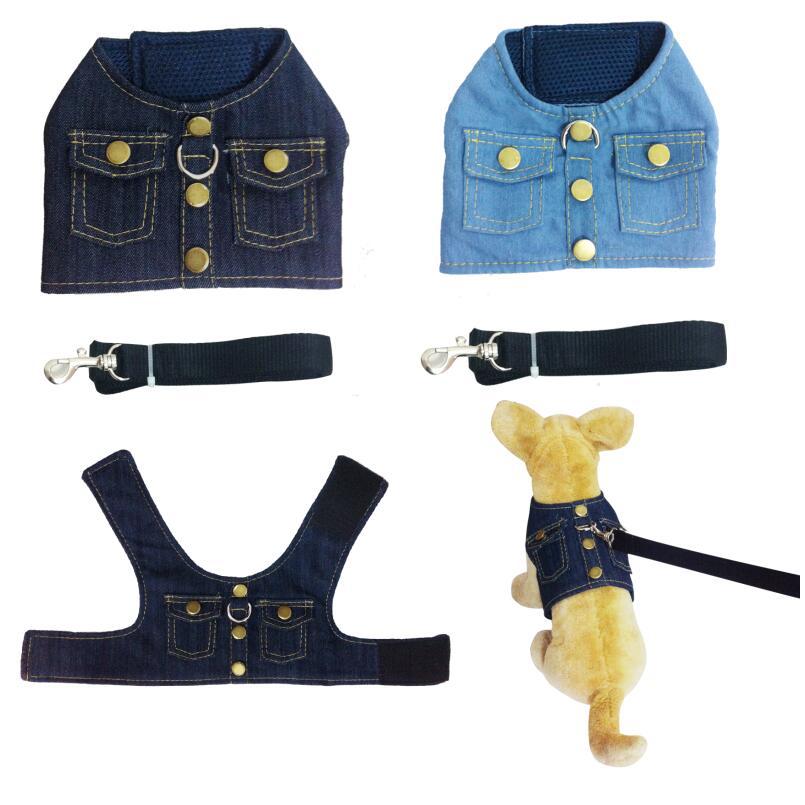 Pet Dog'S Chest Harness Denim Jacket Back Leash Dog Supplies