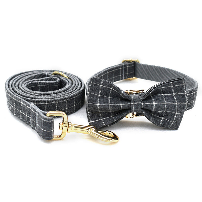 Grey Plaid Pet Products Dog Collar New Fashion Golden Metal Button Dog Collar