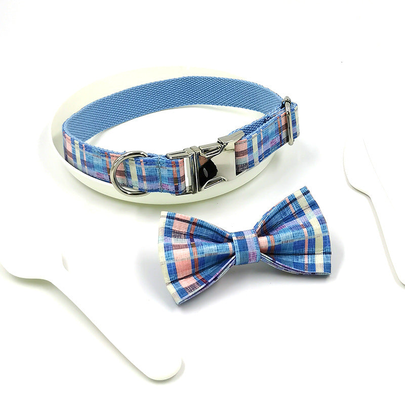 Dog Collar Pet Bow Double-Layer Strong Dog Bow Cross-Border Hot Product Plaid Dog Collar Print