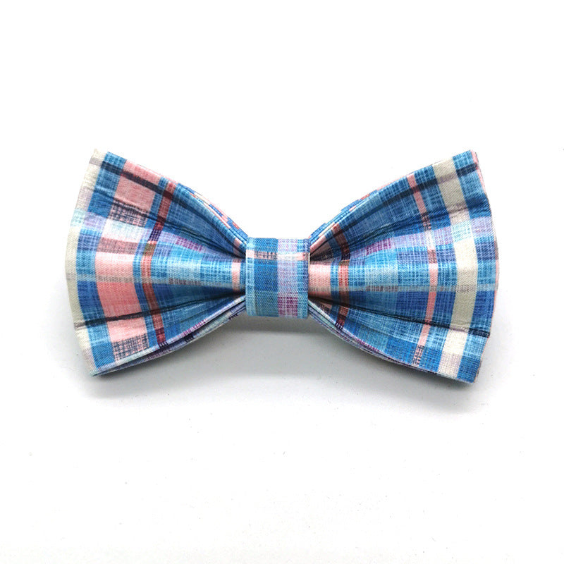 Dog Collar Pet Bow Double-Layer Strong Dog Bow Cross-Border Hot Product Plaid Dog Collar Print