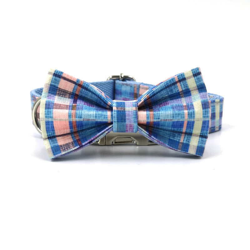 Dog Collar Pet Bow Double-Layer Strong Dog Bow Cross-Border Hot Product Plaid Dog Collar Print