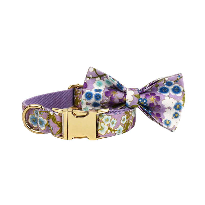 Purple And Wind Floral Dog Collar Hand Holding Rope Metal Bandana Bow Strap Out Shit Bag