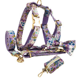 Purple And Wind Floral Dog Collar Hand Holding Rope Metal Bandana Bow Strap Out Shit Bag