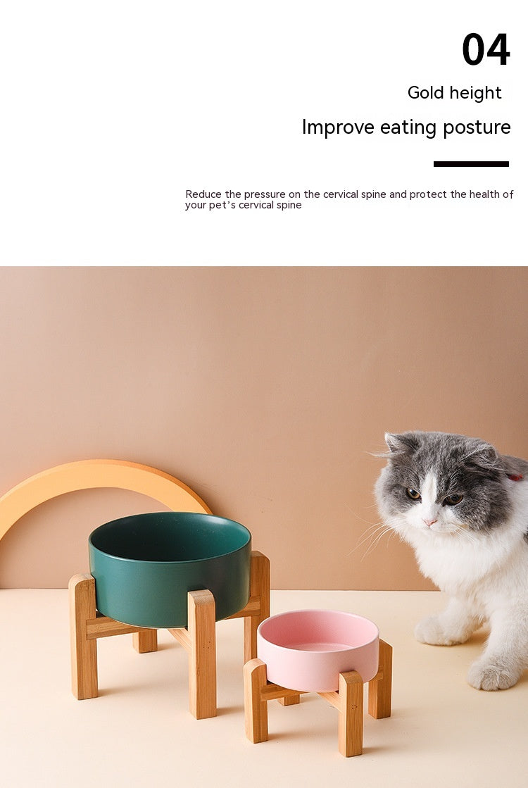 Pet Anti Rollover Ceramic With High Bamboo And Wood Frame Bowl