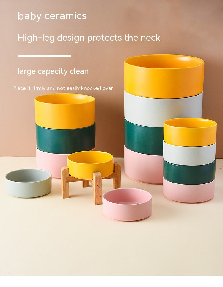 Pet Anti Rollover Ceramic With High Bamboo And Wood Frame Bowl