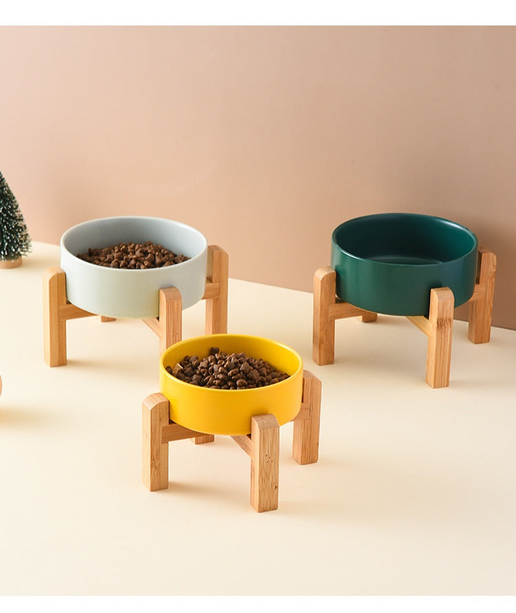 Pet Anti Rollover Ceramic With High Bamboo And Wood Frame Bowl