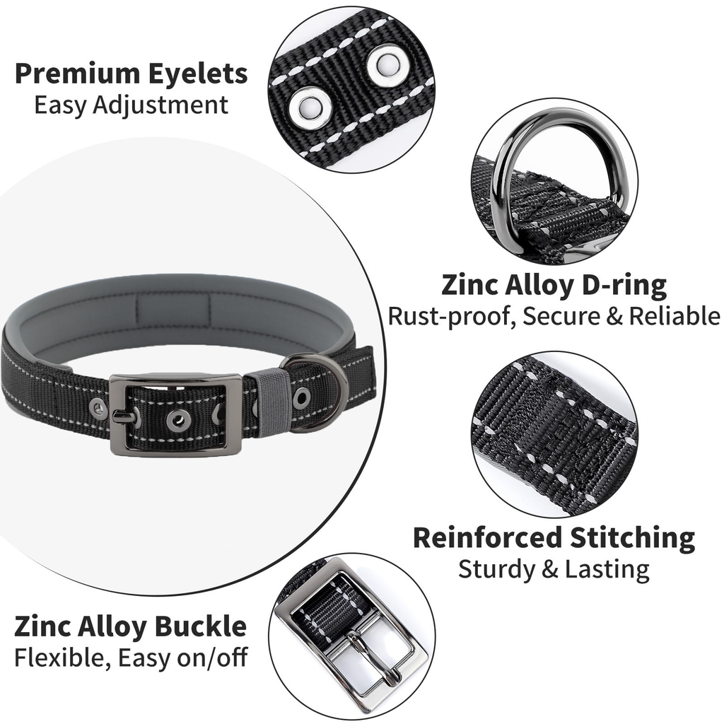 Reflective Dog Collar For Medium Dogs, Adjustable Wide Soft Comfortable Breathable Neoprene Padded Nylon Collar With Heavy Duty Metal Buckle