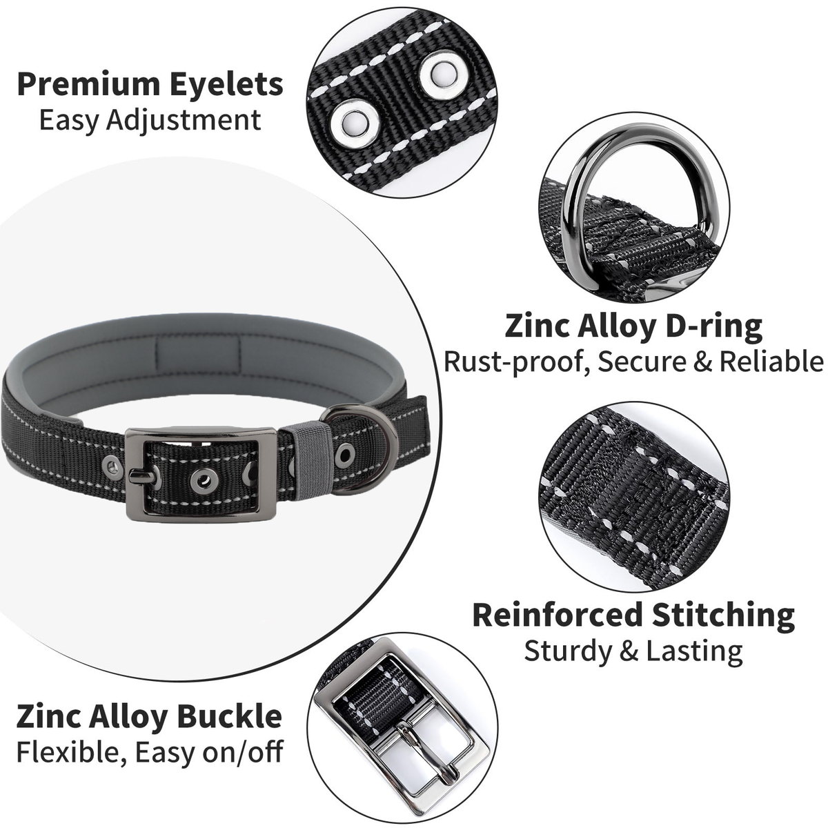 Reflective Dog Collar For Medium Dogs, Adjustable Wide Soft Comfortable Breathable Neoprene Padded Nylon Collar With Heavy Duty Metal Buckle