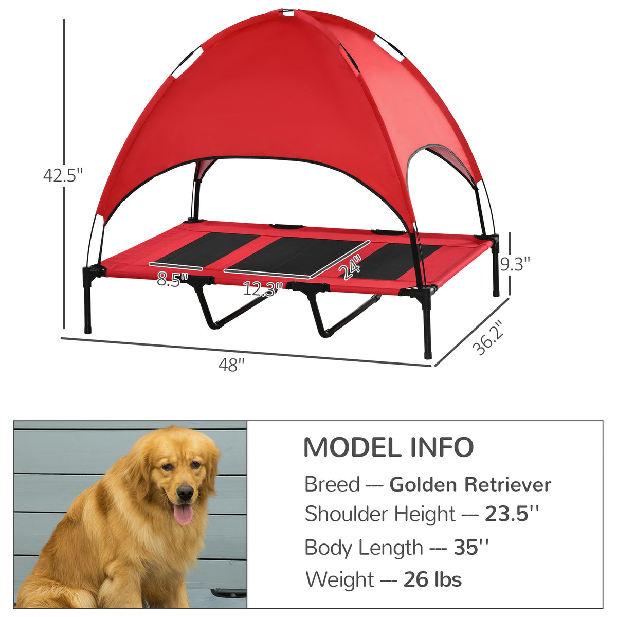 48" X 36" Elevated Portable Dog Cot Cooling Pet Bed With Uv Protection Canopy Shade, Red
