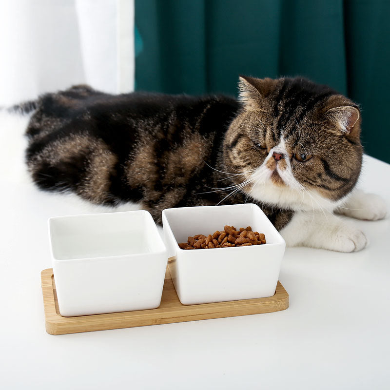 Ceramic Pet Rice Bowl With Bamboo Frame