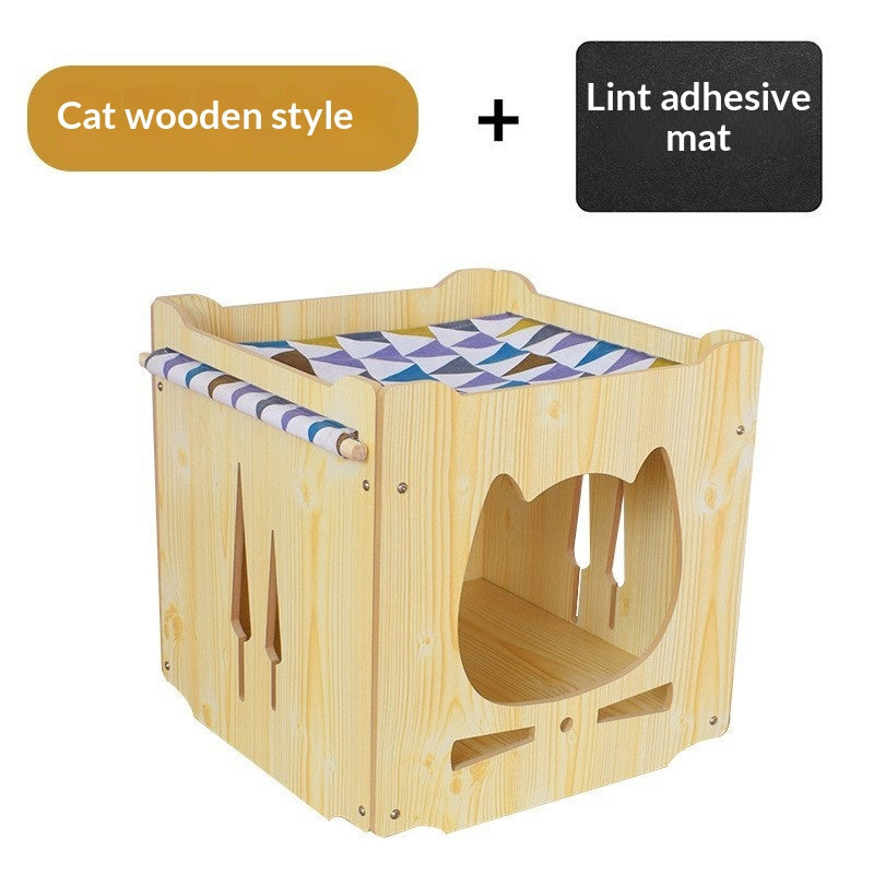 Integrated Wooden Double-Layer Pet Hammock Bed,Thick Cushion With Random Patterns