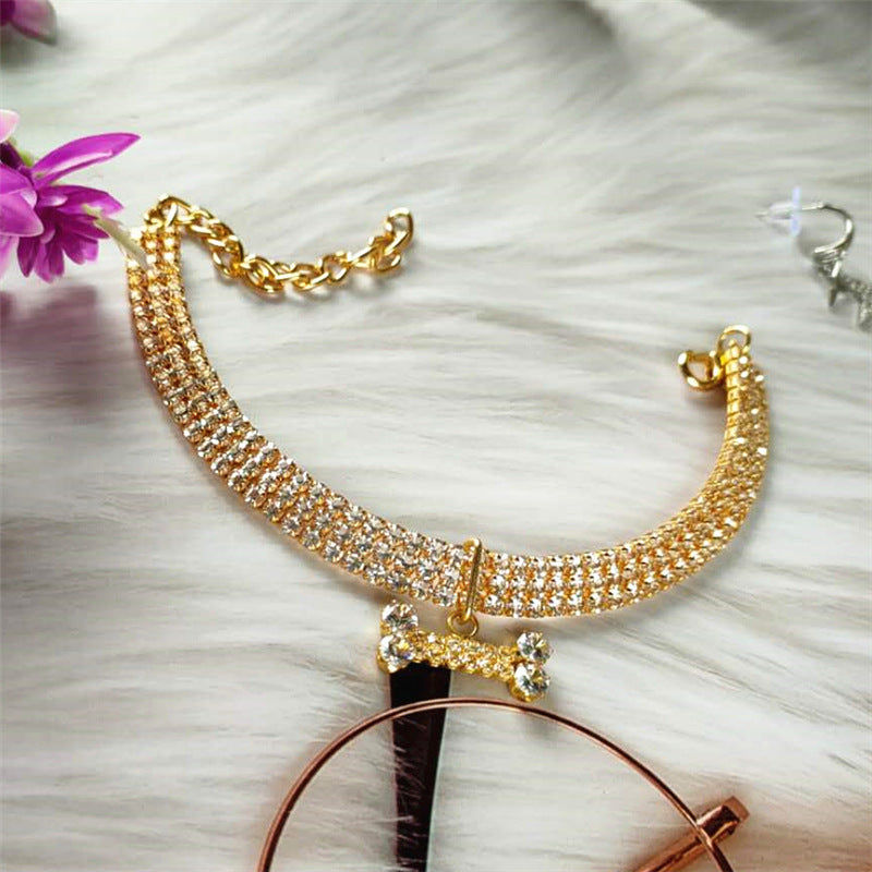 Three-Drain Drill Zircon Bone Pet Collar