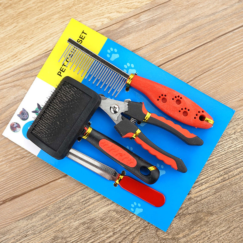 Dog Grooming Four-Piece Comb Brush Nail Scissors File Cleaning Kit