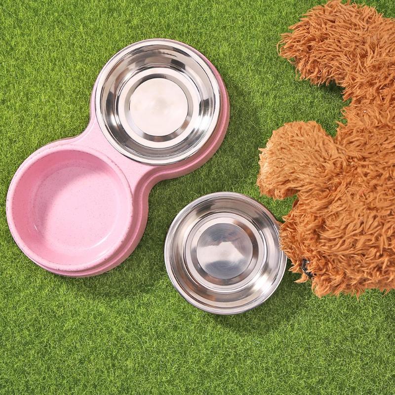 Havo Straw Plastic Round Two-In-One Double Bowl Stainless Steel Rice Bowl Pet Supplies Dog Bowl