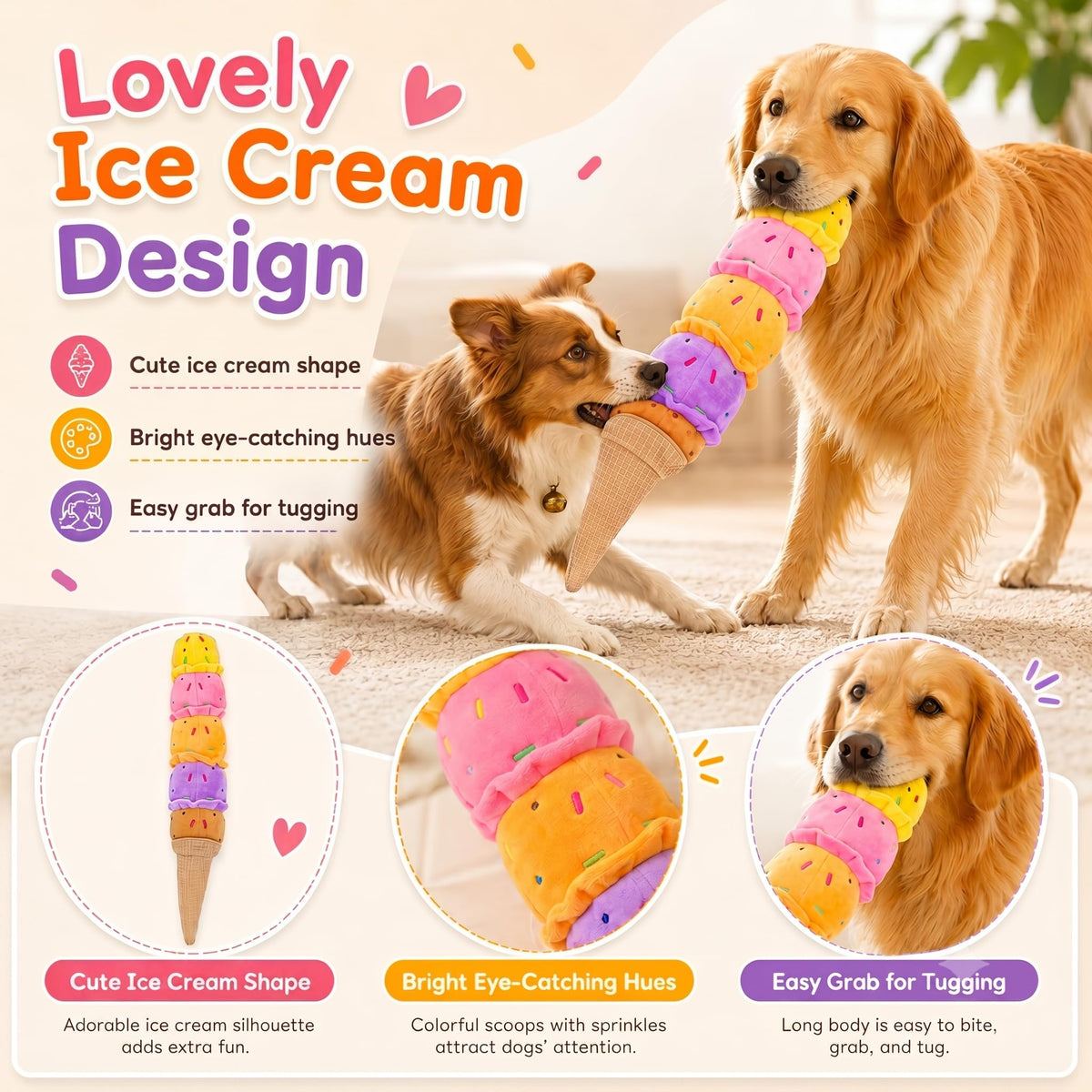 Squeaky Dog Plush Chew Toy, Interactive Tug Squeaky Toy For Chewers, Medium & Large Dogs & Fetch Play, 17.7 In Stuffed Rainbow Ice Cream Toy