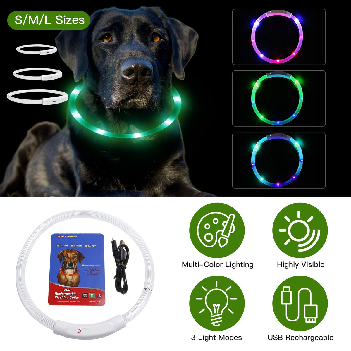 1Pc Usb Rechargeable Led Dog Collar Multi Color Lighting Dog Safety Collar Cuttable Length Glow Dog Collar For Small Medium Large Dog Night