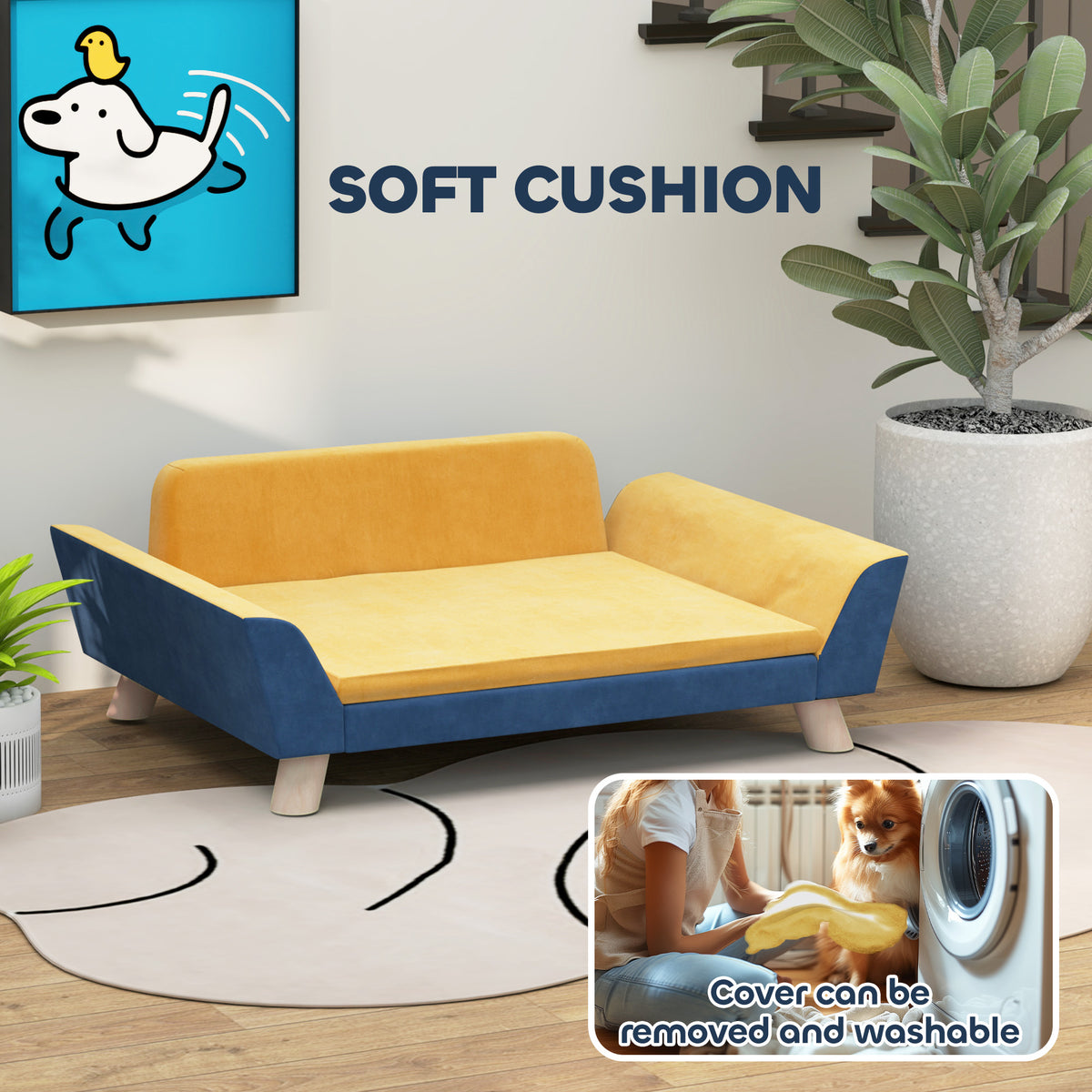 Dog Sofa Bed For Small Dogs With Soft Cushion, Washable Cover & Non-Slip Foot Pads, Orange