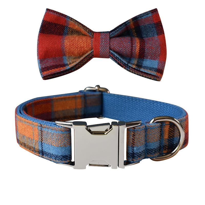 Blue Background Velvet Plaid Pet Dog Collar Alloy Buckle