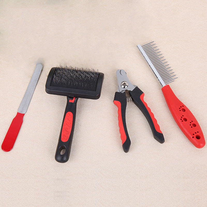Dog Grooming Four-Piece Comb Brush Nail Scissors File Cleaning Kit