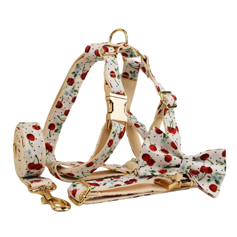 Red Cherry Printed Pet Collar Traction Rope Light Gold Release Buckle Cute Bow Strap