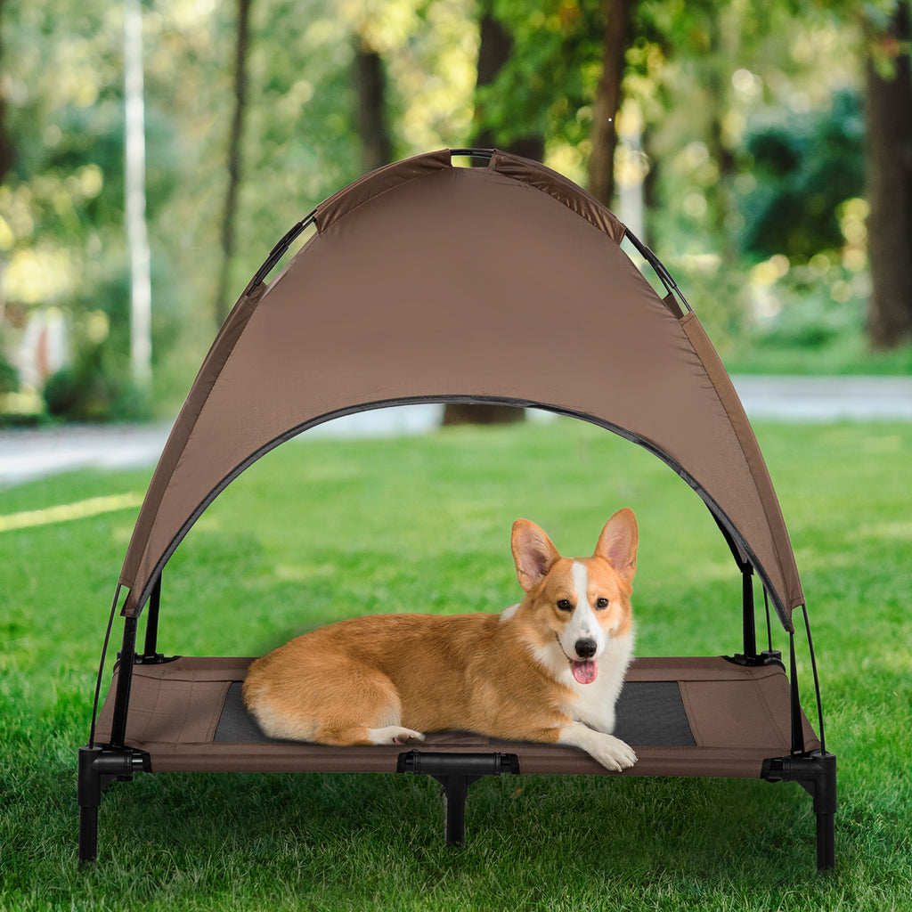 Elevated Portable Dog Cot Pet Bed With Uv Protection Canopy Shade, 36 Inch, Coffee