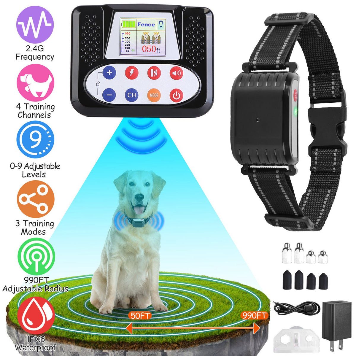 1Set 990Ft Range Dog Wireless Fence Remote Training Collar Ipx6 Waterproof Receiver With 0-9 Levels Beep Vibration Shock Mode 4 Channels Rec