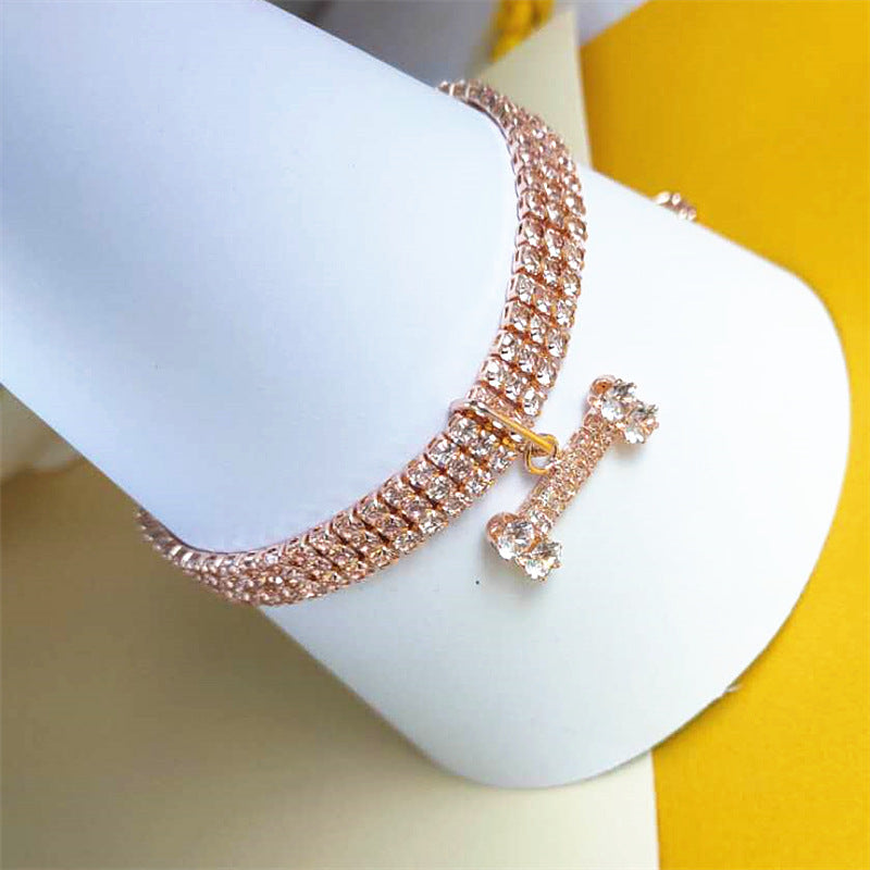 Three-Drain Drill Zircon Bone Pet Collar