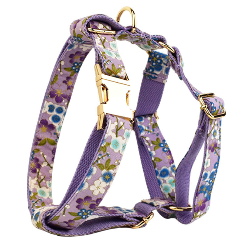 Purple And Wind Floral Dog Collar Hand Holding Rope Metal Bandana Bow Strap Out Shit Bag