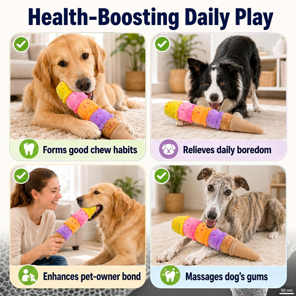 Squeaky Dog Plush Chew Toy, Interactive Tug Squeaky Toy For Chewers, Medium & Large Dogs & Fetch Play, 17.7 In Stuffed Rainbow Ice Cream Toy