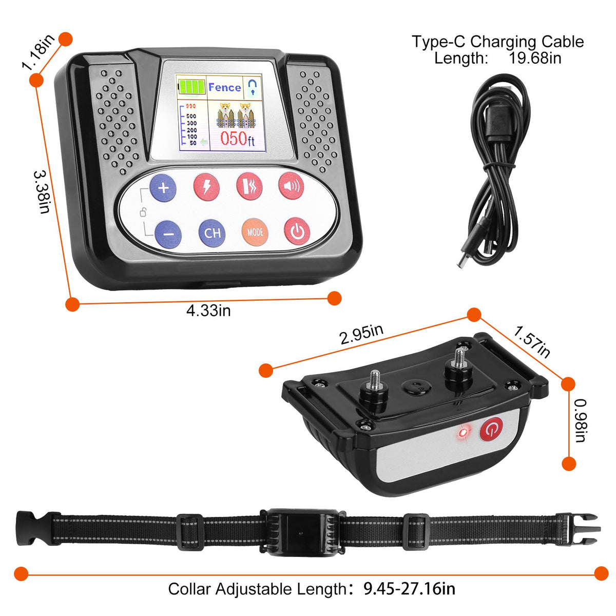 1Set 990Ft Range Dog Wireless Fence Remote Training Collar Ipx6 Waterproof Receiver With 0-9 Levels Beep Vibration Shock Mode 4 Channels Rec