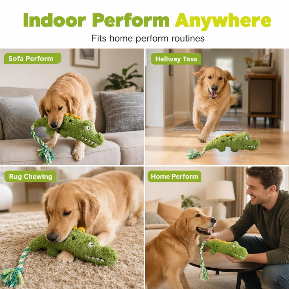 Fun Knotty Crocodile Dog Chew Toy For Interactive Play Cotton Rope And Squeaky Plush, Dog Toys For Chewers, Fetch And Tug-Of-War For Small T