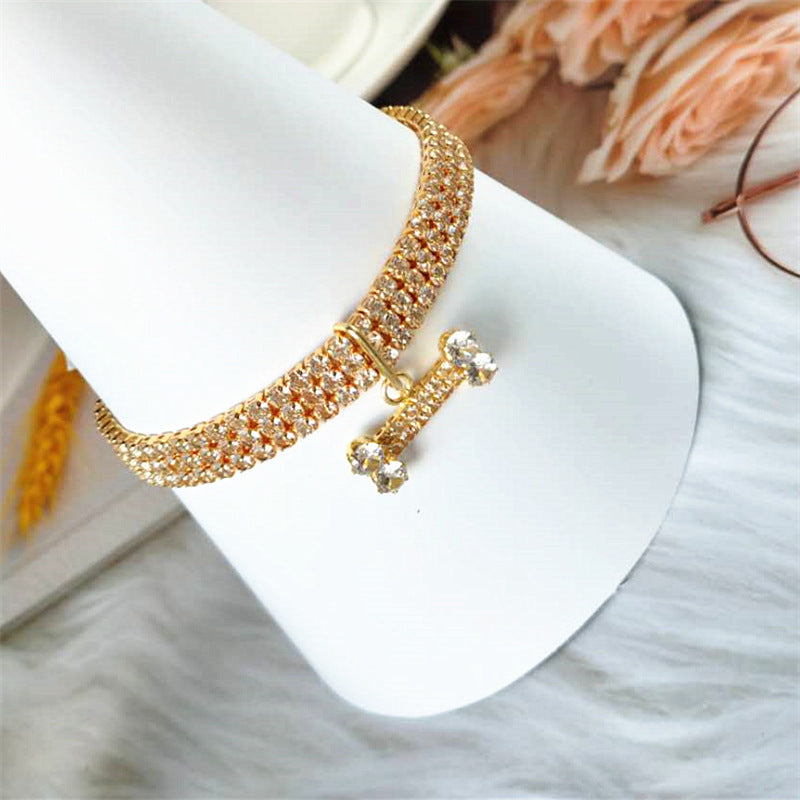 Three-Drain Drill Zircon Bone Pet Collar