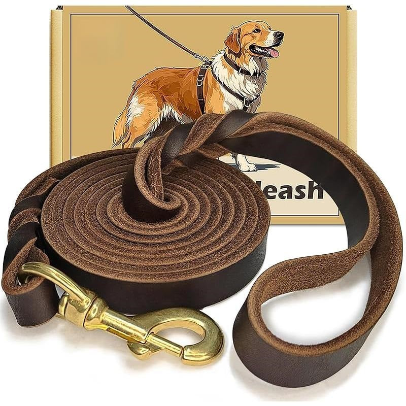 Genuine Leather Dog Leash Heavy Duty Pet Walking Lead With Ergonomic Non-Slip Handle For Medium And Large Breeds