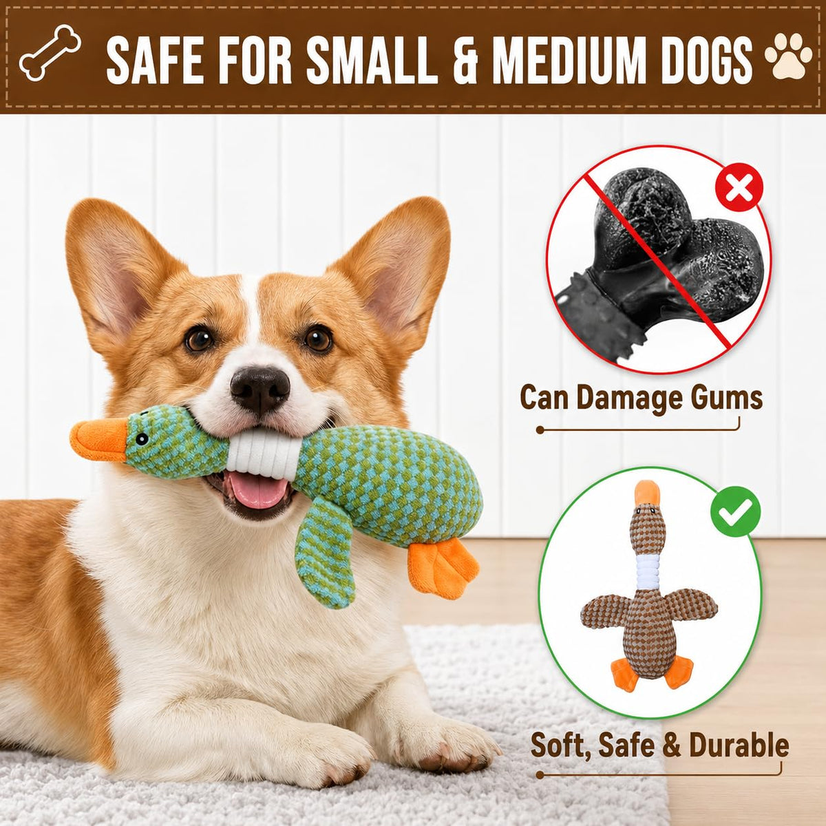 Dog Toys For Aggressive Chewers, Duck Plush Squeaky Crinkle Chew Toy For Puppies And Small Medium Large Dogs, Interactive Teething Toys To R