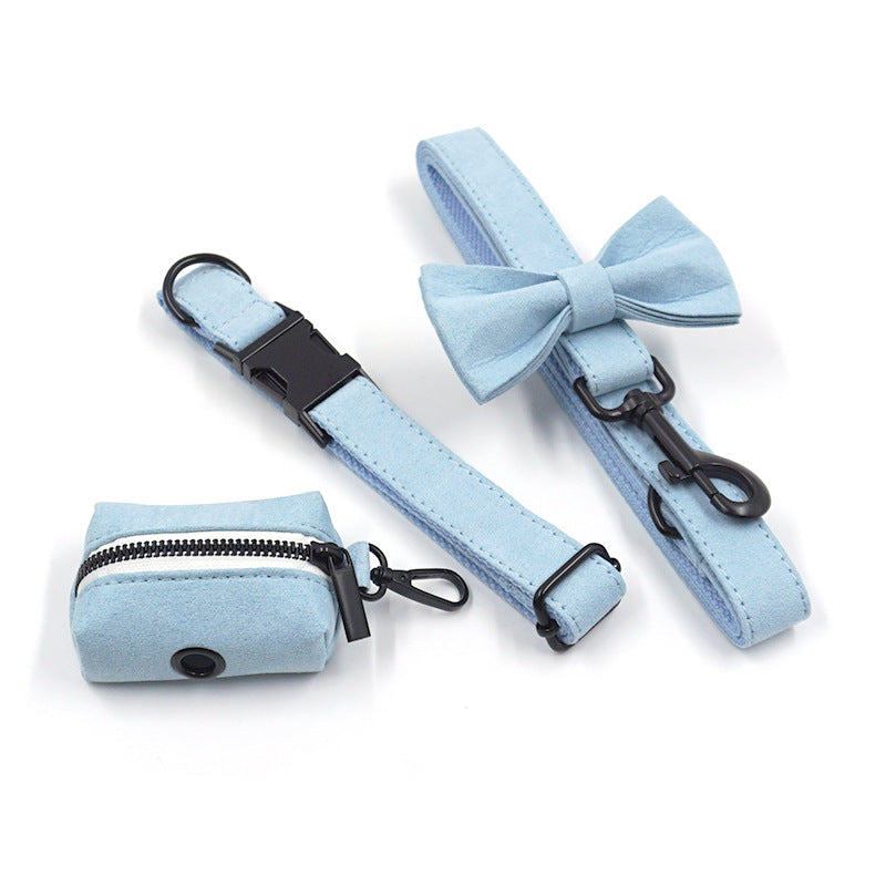 Light Blue Short Velvet Black Buckle Pet Collar Leash Bow