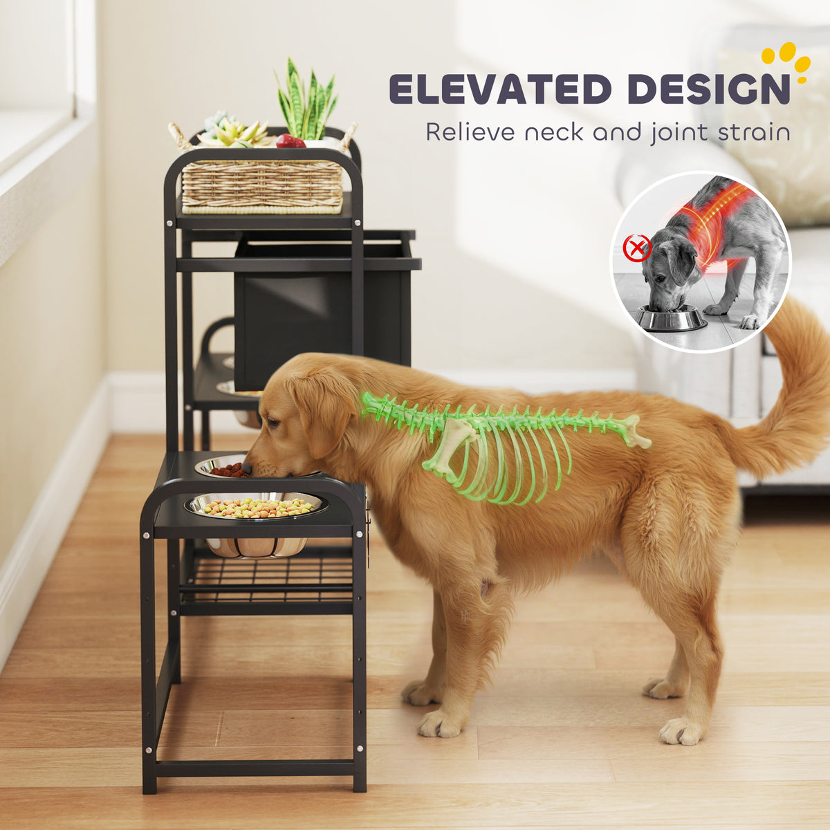 3 Height Adjustable Dog Bowl Stand With 2 Feeding Stations, Toy Bin Basket, Black