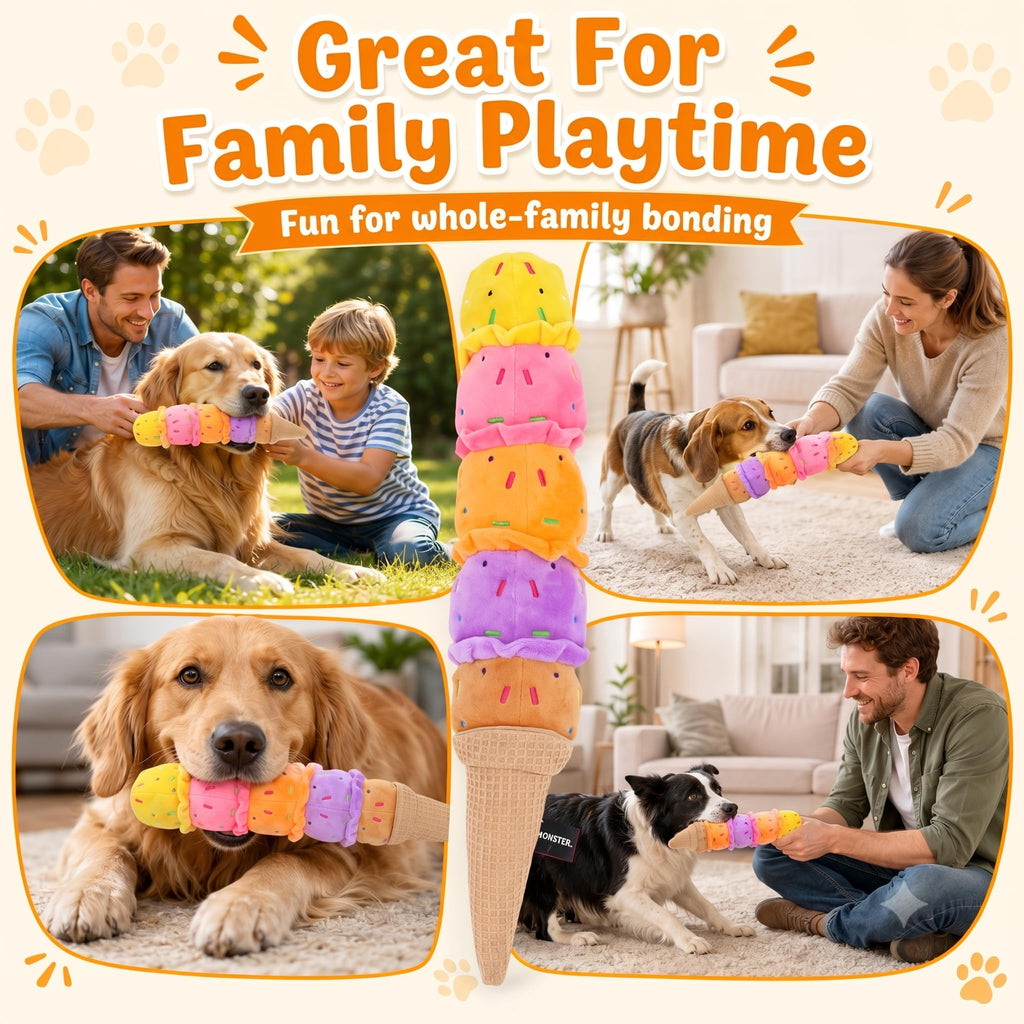 Squeaky Dog Plush Chew Toy, Interactive Tug Squeaky Toy For Chewers, Medium & Large Dogs & Fetch Play, 17.7 In Stuffed Rainbow Ice Cream Toy